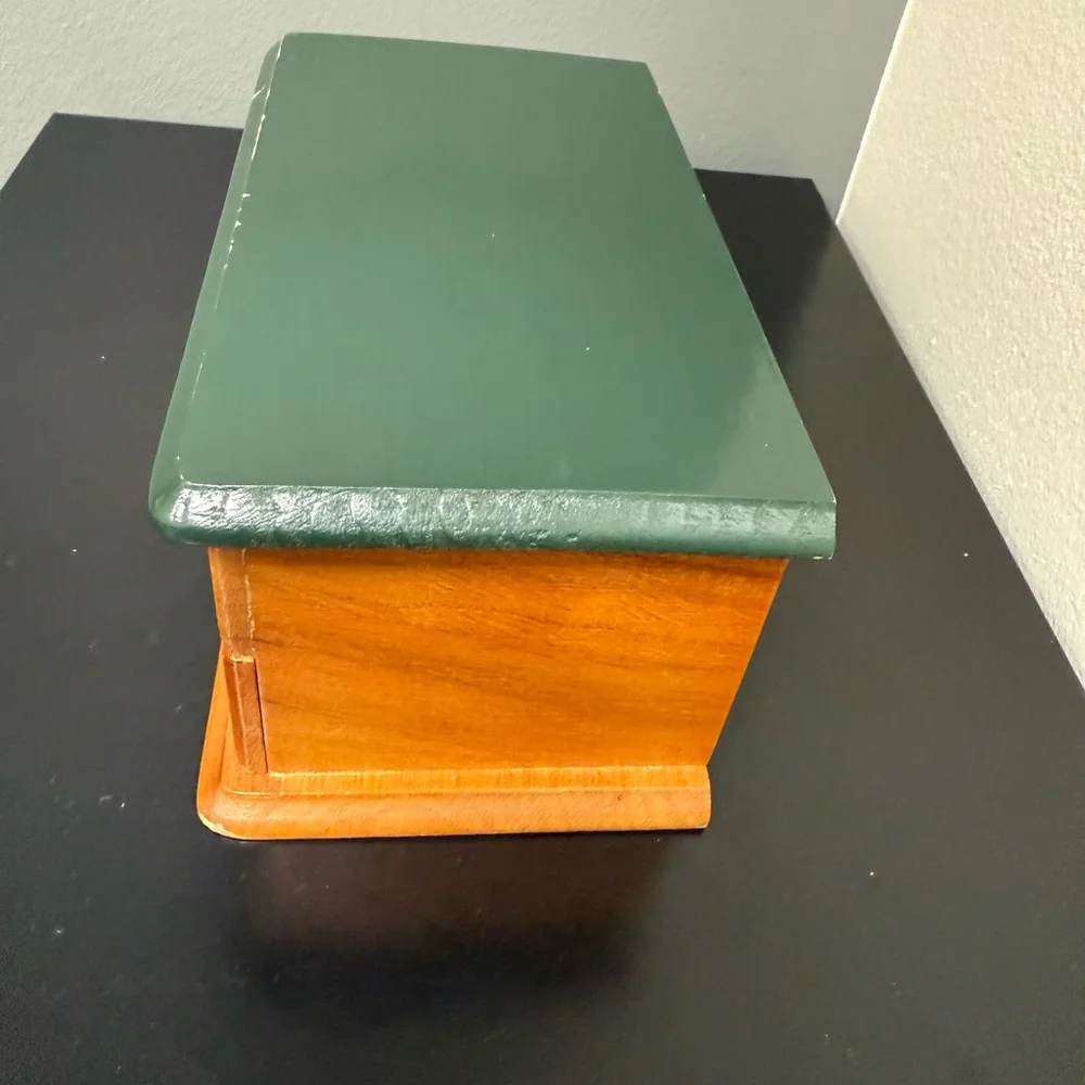 Vintage‎ solid Wooden jewelry Storage Box with Green Lid Mirror & two drawers